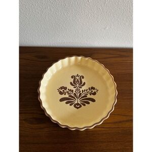 Pfaltzgraff Village Quiche Dish 233 Tan Brown Floral Scalloped 9.5 Inch Vintage